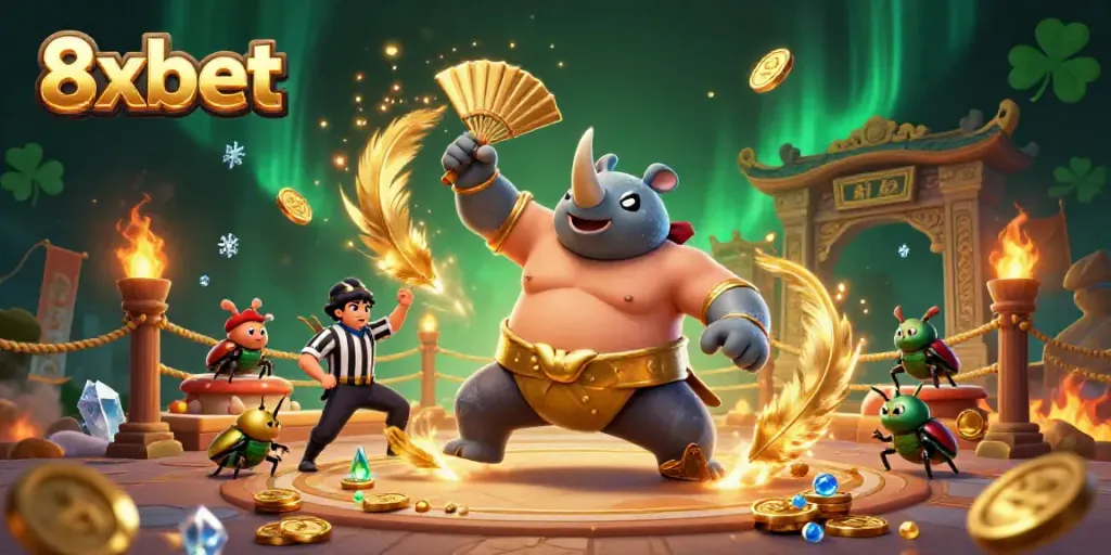 Experience thrilling sumo battles with the 8xbet mascot in an extravagant online casino scene.