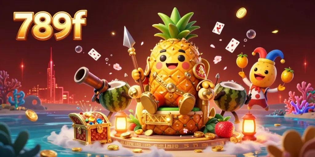 Engage with 789f's vibrant casino scene featuring a golden pineapple king and lively beach elements.