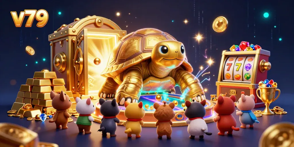 Experience the winning thrill of v79 with vibrant casino gaming elements and engaging characters.