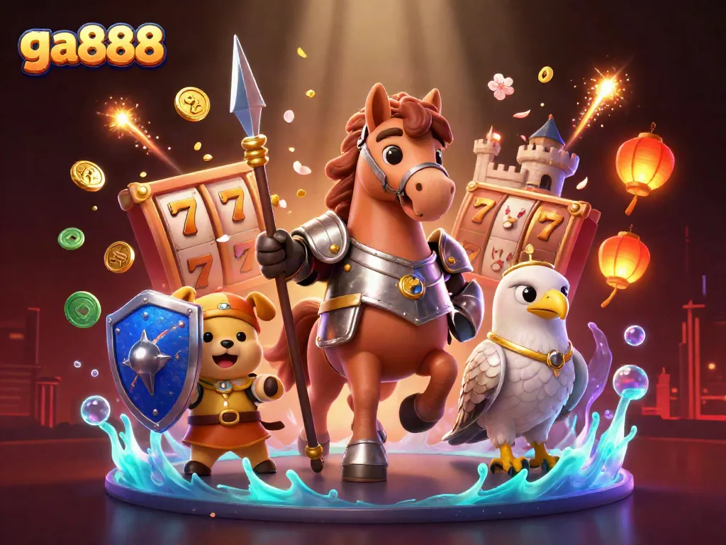 Experience ga888's thrilling casino adventure with vibrant slots and energetic characters in a vibrant scene.