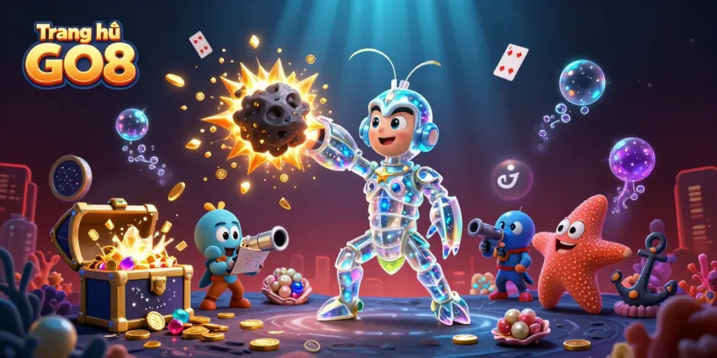 Experience the vibrant scene at Trang chủ GO8 with exploding gems and coins, featuring a cartoon mantis shrimp in action.