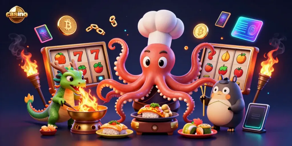 Engaging casino scene featuring a sushi chef octopus, a dragon, and a tanuki amid golden dishes and slot elements.