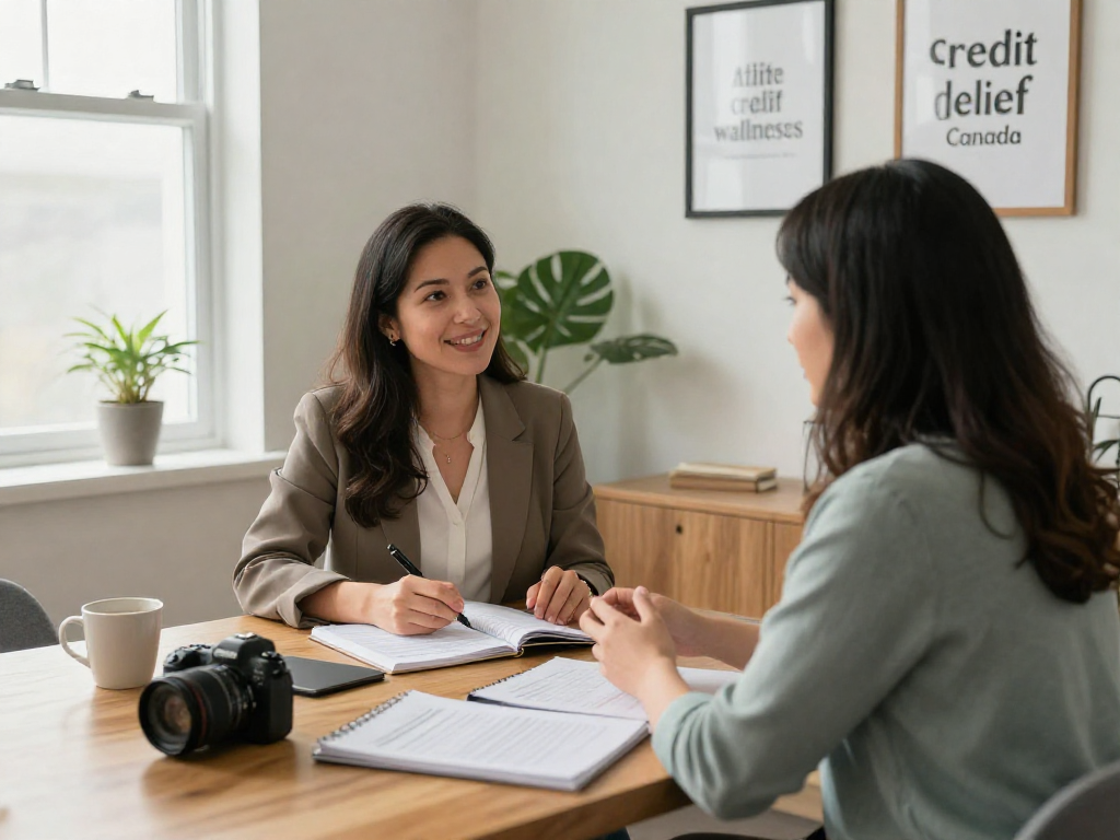 Client discussing credit relief Canada options with financial advisor in supportive office environment