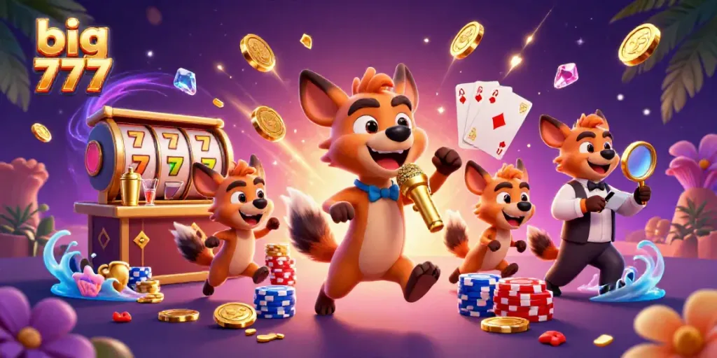 Description of 3D cartoon-style scene featuring big 777 elements, including hyenas as casino characters with slot reels and tokens.