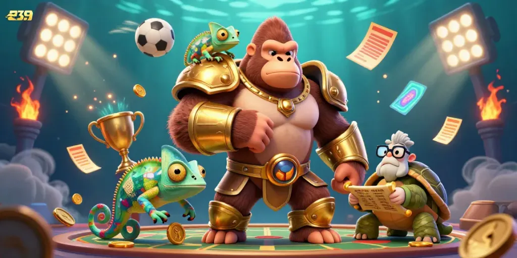 Engage in exciting gambling with the dynamic e39 scene featuring a powerful gorilla king and colorful characters.