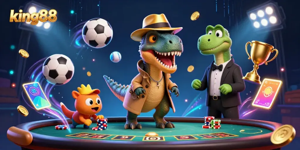 This vibrant 3D illustration showcases a velociraptor trying to blend in at king88's blackjack table, emphasizing casino excitement.