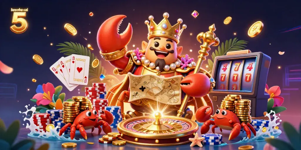 Engage with keo nha cai 5 while exploring a vibrant casino scene featuring a golden crab, themed elements, and dynamic visuals.