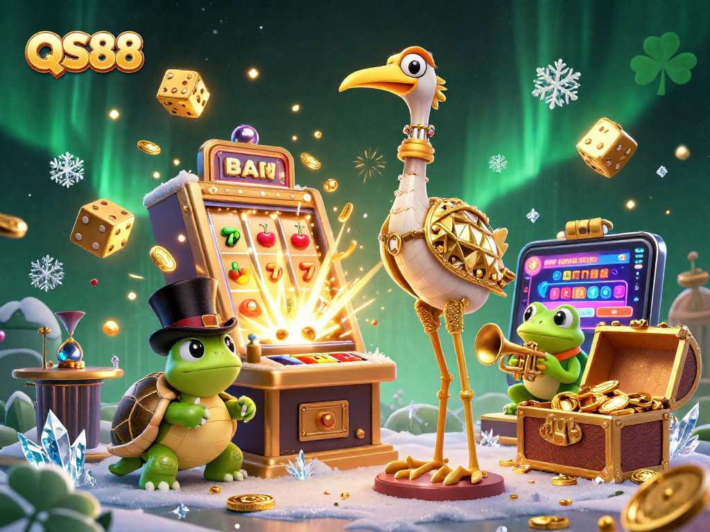 Experience the thrill of winning at QS88 with a vibrant 3D illustration showcasing a dynamic casino scene.