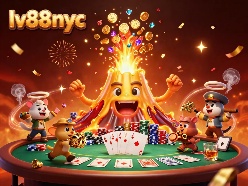 Experience the thrill of lv88nyc as golden treasures erupt from a volcano in this vibrant casino illustration.