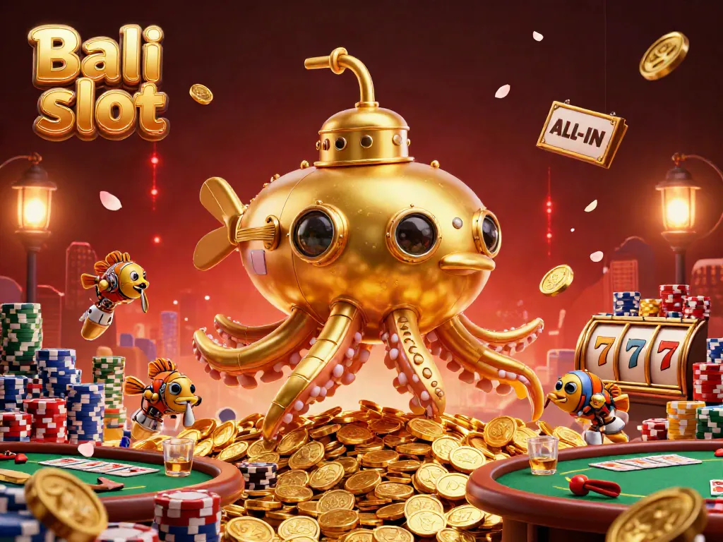 Bali slot immersive scene with a golden kraken submarine and dynamic casino elements.