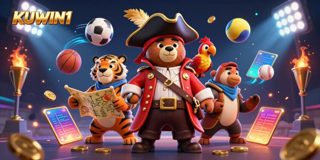 KUWIN1 features a vibrant 3D pirate scene, showcasing immersive sports betting elements and dynamic characters.