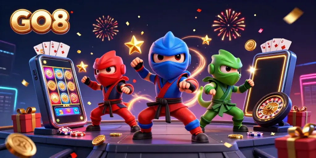 Experience GO8's thrilling casino adventure with ninja chameleons amidst vibrant gaming elements.