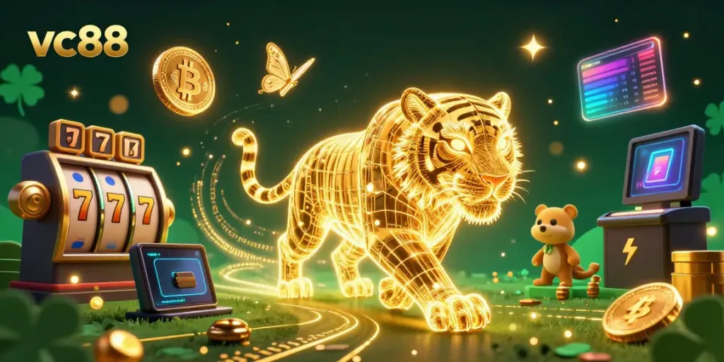 Engage with the world of vc88 as a neon golden tiger prowls a vibrant casino landscape, illuminated by crypto coins and digital imagery.