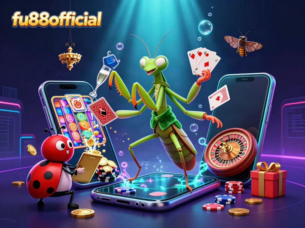 fu88offical showcases a vibrant, cartoonish casino scene with colorful slots, cards, and dynamic characters.