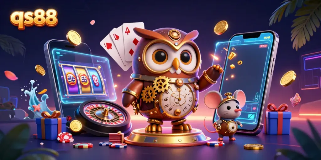 Experience thrills at qs88 with a 3D steampunk casino scene filled with dynamic gaming elements.