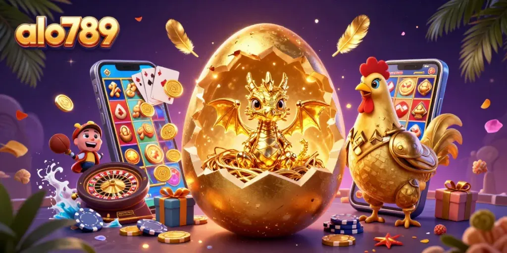 Alo789 reveals a golden dragon amidst vibrant casino elements, calling bettors to action in an engaging gaming scene.