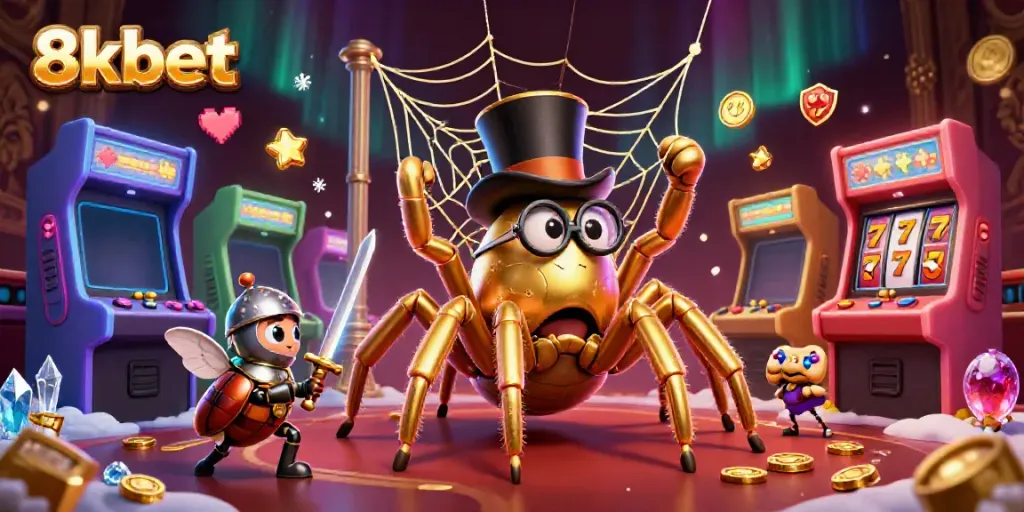 Engage with 8xbet's vibrant scene featuring a golden tarantula and beetle knight amidst slot machines and glowing game elements.