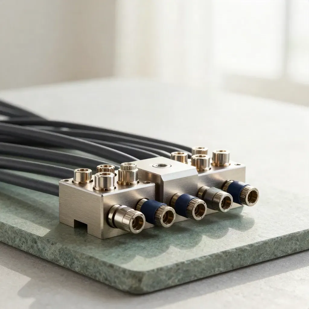 Modular connector stack with braided leads and junction block on sage stone under soft studio light.