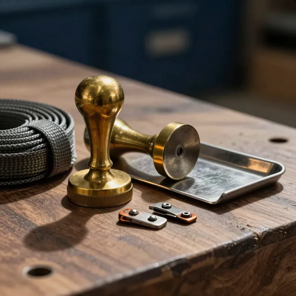 Brass stamp beside a cargo seal, coiled strap and metal tray on an industrial surface