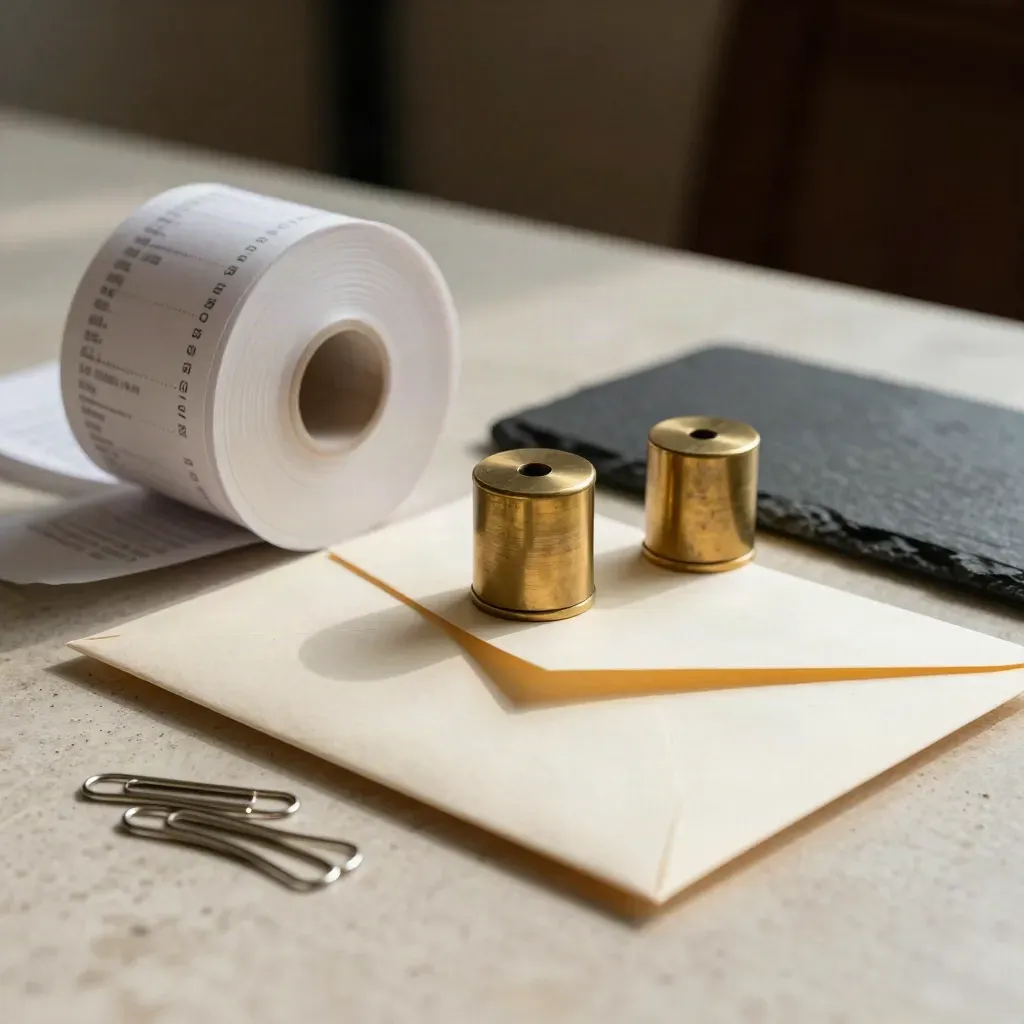 Receipt spool, brass paperweights, sealed envelope and clips on pale stone in soft bokeh light