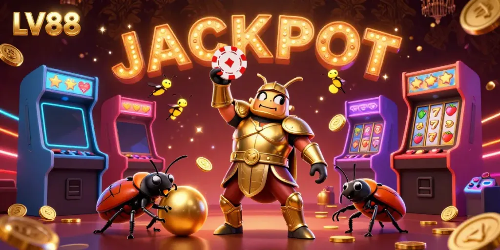 LV88's vibrant casino scene with hercules beetle winning and colorful game elements.
