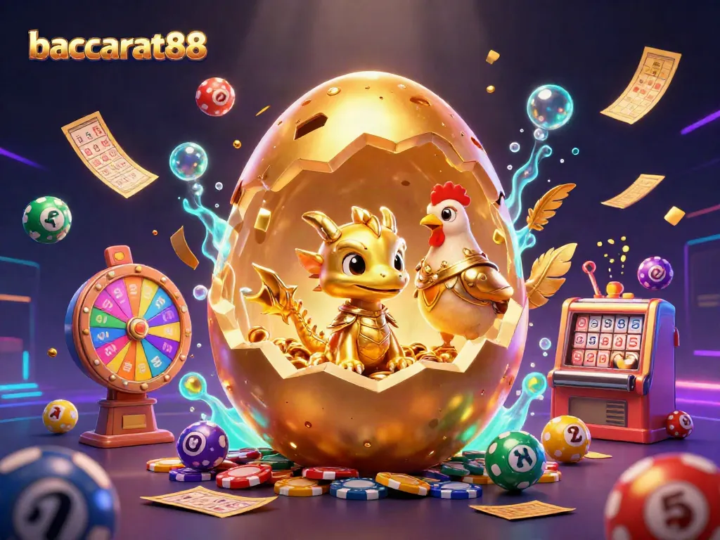 baccarat88 showcases a golden baby dragon on poker chips, surrounded by vibrant lottery elements