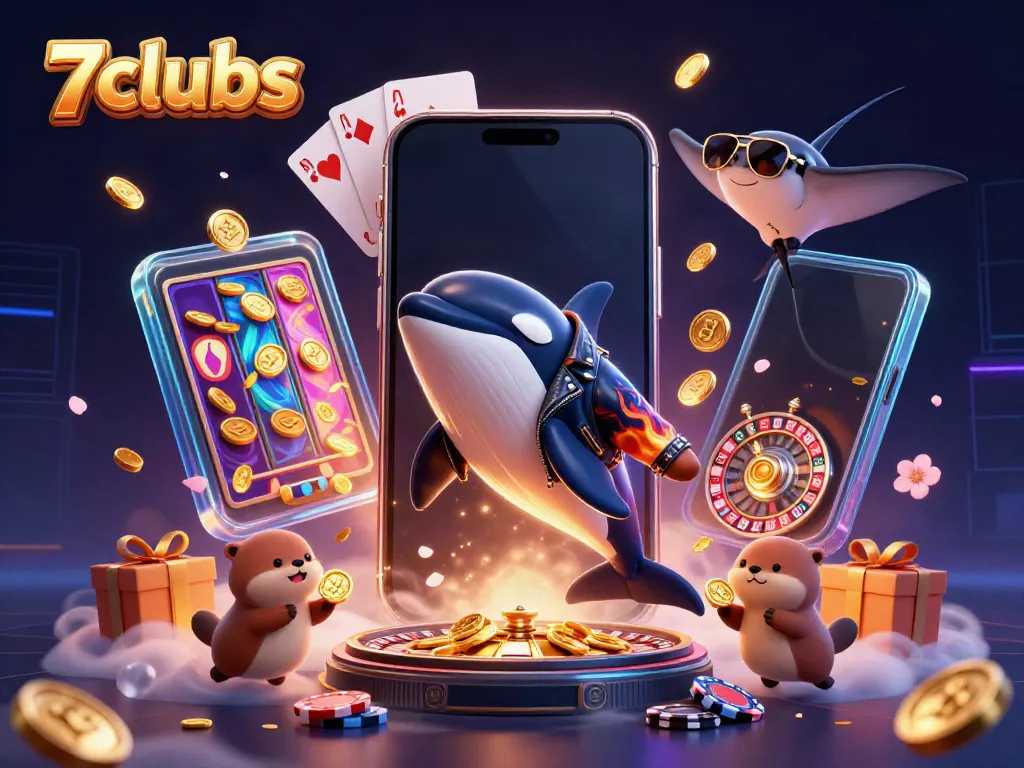 Experience the excitement of 7clubs with a vibrant 3D illustration featuring fantastical characters and casino elements.