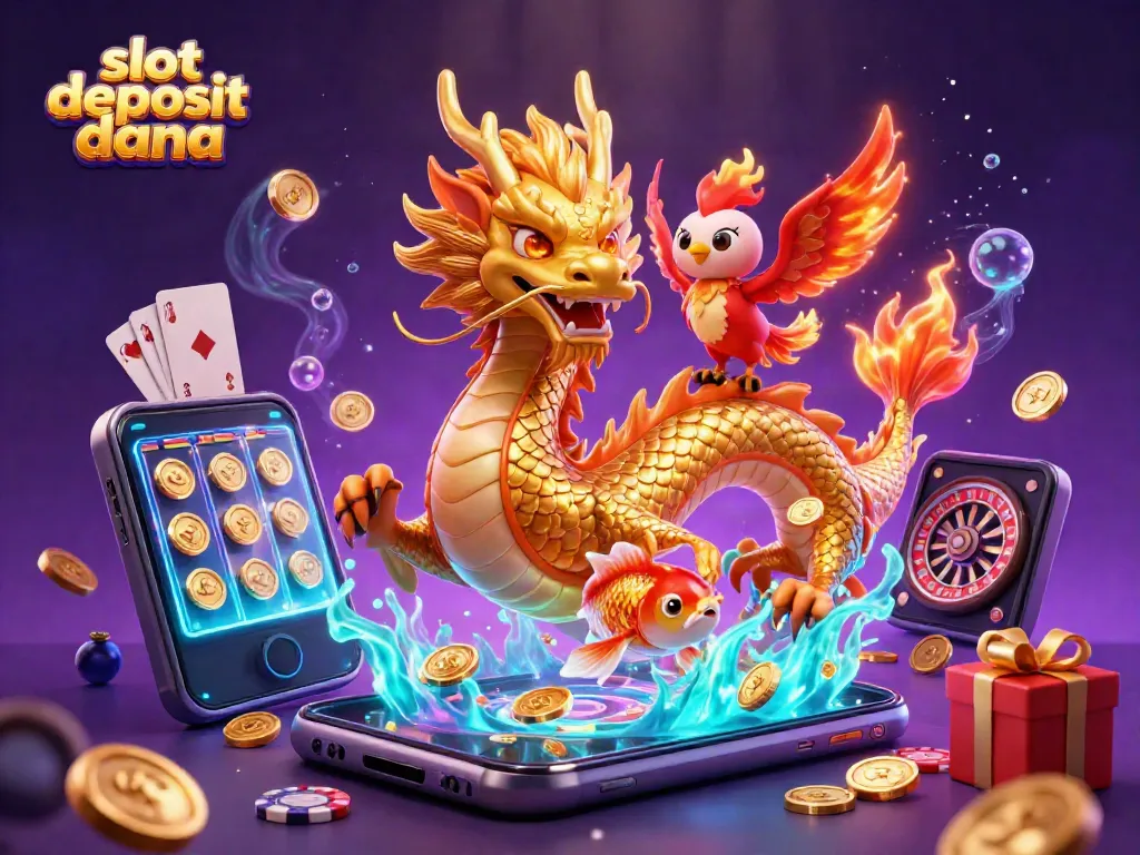 Play slots with a thrilling slot deposit dana using a fierce dragon and lucky symbols in a vibrant casino scene.