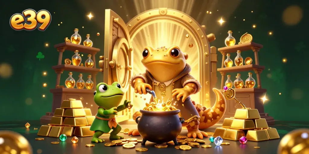 Experience the magic of e39 as the golden salamander alchemist transforms base metals into coins in an enchanting casino scene.