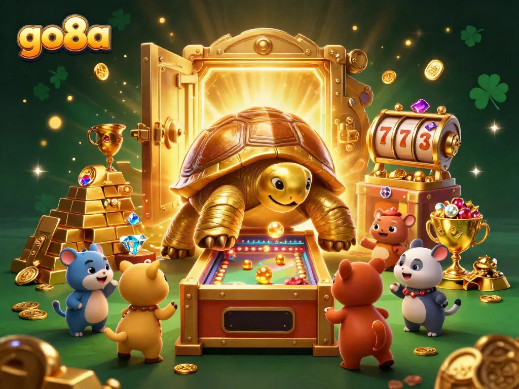 Experience thrilling gameplay at go8a with a vibrant pinball machine tortoise, glowing treasures, and excited players.
