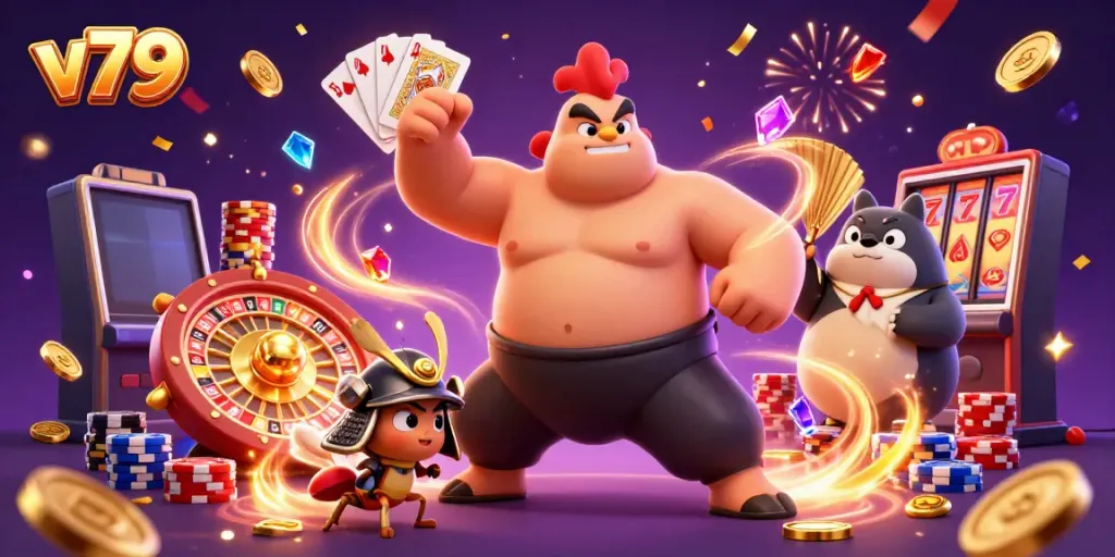 Experience the thrill of v79 with powerful characters in a dynamic casino scene filled with excitement.
