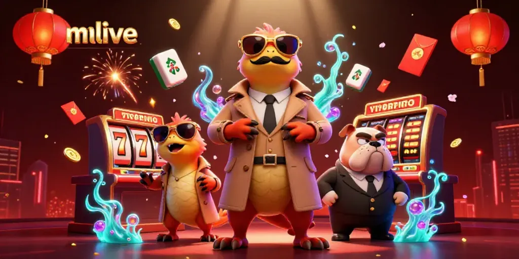 Engage with mmlive by experiencing a 3D cartoon scene of playful raptors and vibrant casino elements.
