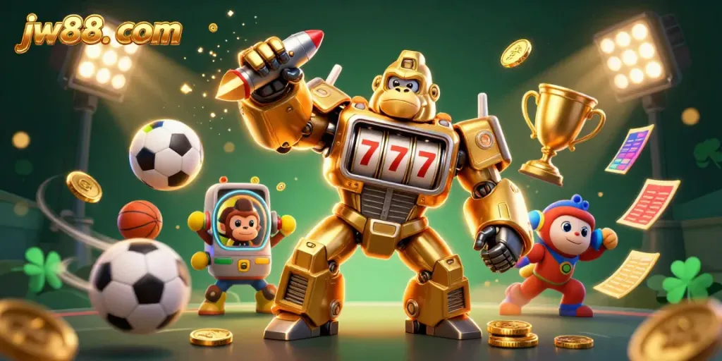 Engage in high-energy action at jw88.com with a dynamic 3D casino scene featuring a golden gorilla mech and sports betting elements.