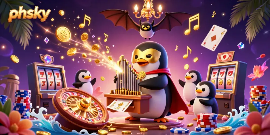 Experience the mesmerizing phsky casino adventure with a dynamic scene of a theatrical penguin and golden coins.