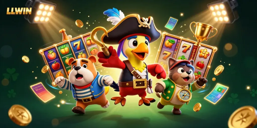 Experience thrilling gameplay at LLWIN with a pirate captain and friends amidst vibrant casino elements.