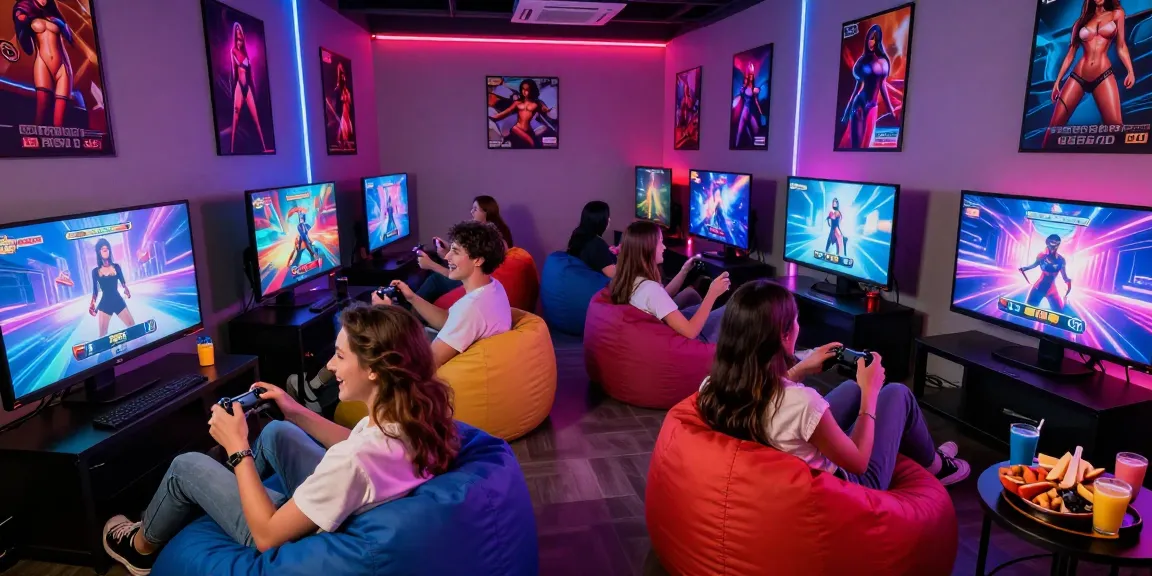 Interactive sex simulator gaming scene with friends enjoying multiplayer games
