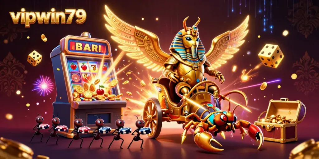 Experience exhilarating gameplay with vipwin79's vibrant jackpot representation featuring a golden scarab in 3D.