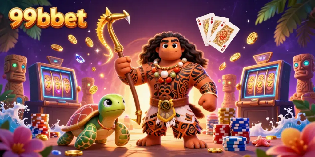 Engage in thrilling games at 99bbet with vibrant visuals featuring a mystical scene and lively gambling activities.