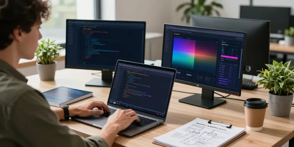 Developer efficiently using instant indexing tools in a dynamic tech workspace.
