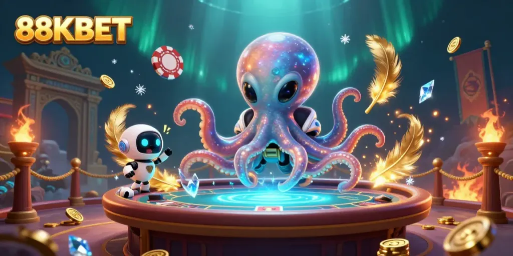 Experience the intergalactic poker action of 88KBET with an alien octopus dealer in a vibrant casino scene.