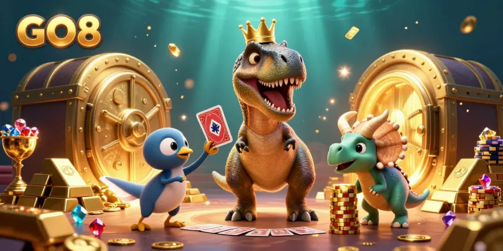 GO8 casino scene with a friendly T-Rex shuffling cards, showcasing vibrant casino elements.