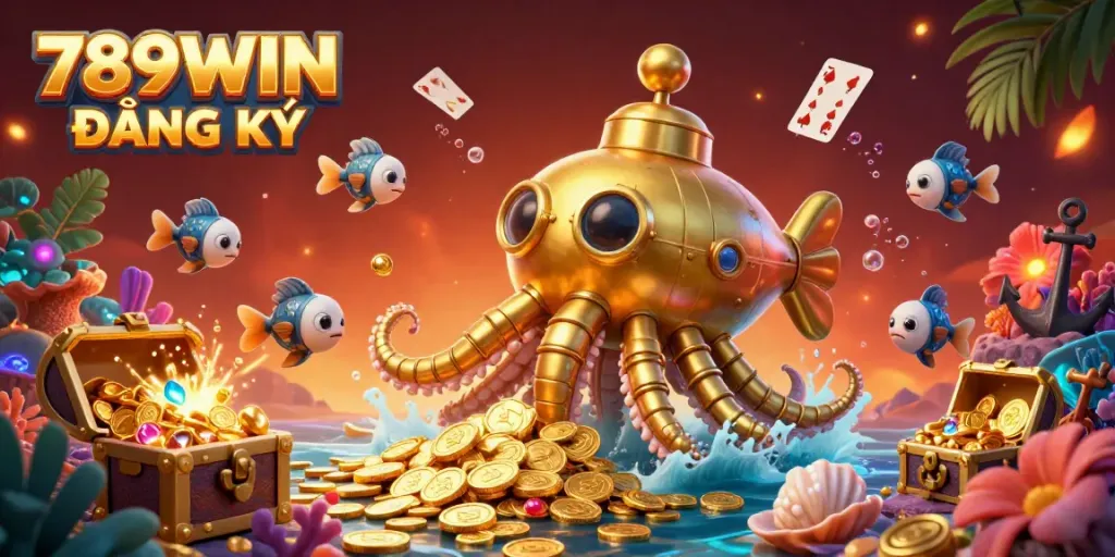 Engaging scene featuring the 789WIN ĐĂNG KÝ kraken submarine surrounded by gaming elements and treasures.