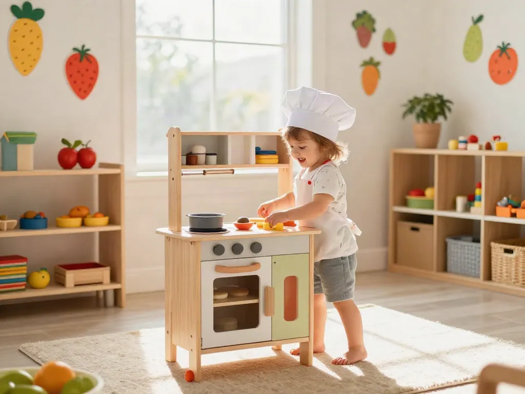 Child playing with a toy kitchen set, surrounded by colourful decorations and play food, creating an engaging atmosphere.
