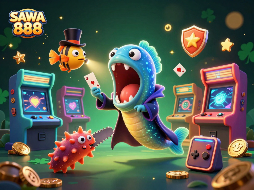 Join the excitement at SAWA 888 with a magical gambling scene featuring deep-sea characters and vibrant arcade elements.