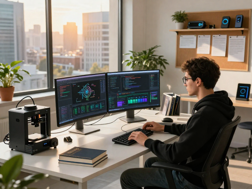 AI developer coding in a modern workspace, showcasing spicy ai technology with dynamic visuals and a vibrant city view.