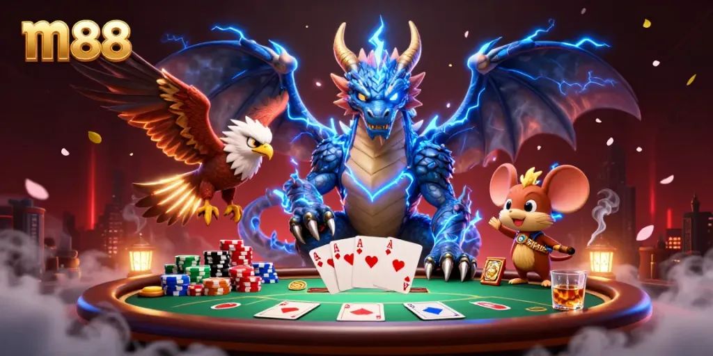 Experience the thrill of M88 with a vibrant 3D illustration featuring a thunder dragon and poker elements.
