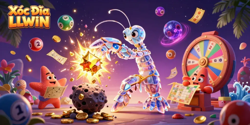 Xóc Đĩa LLWIN features an action-packed scene with cartoon characters, golden gems, and lottery elements creating an exciting gambling atmosphere.