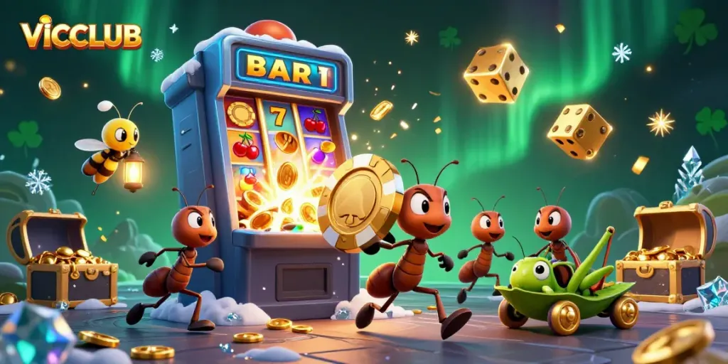 Engage with VICCLUB in this dynamic 3D illustration featuring a colorful slot explosion and animated characters.