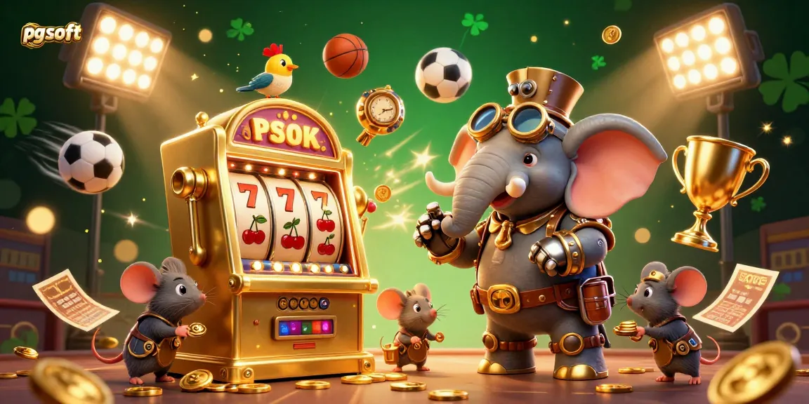 Engage with pg soft's dynamic slot action featuring a steampunk elephant and a flying sports ball backdrop for thrilling gameplay.