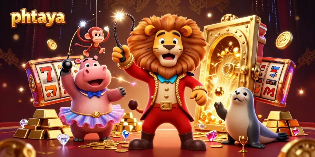 PHTAYA's dynamic gaming experience with a vibrant circus theme showcasing slots, jackpots, and exciting 3D characters.
